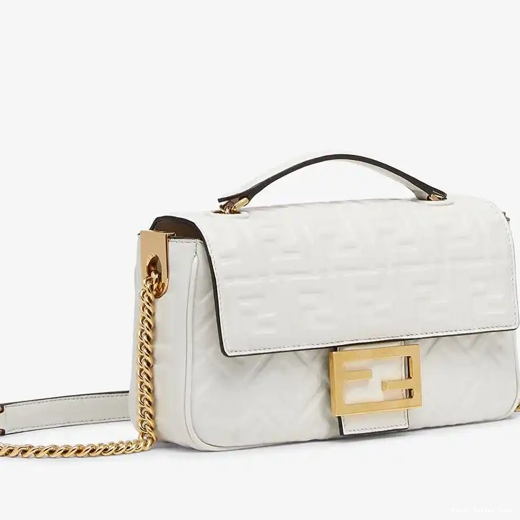 Affordable Fendi Bag White In Midi Baguette Nappa FF Leather Motif Chain 0525